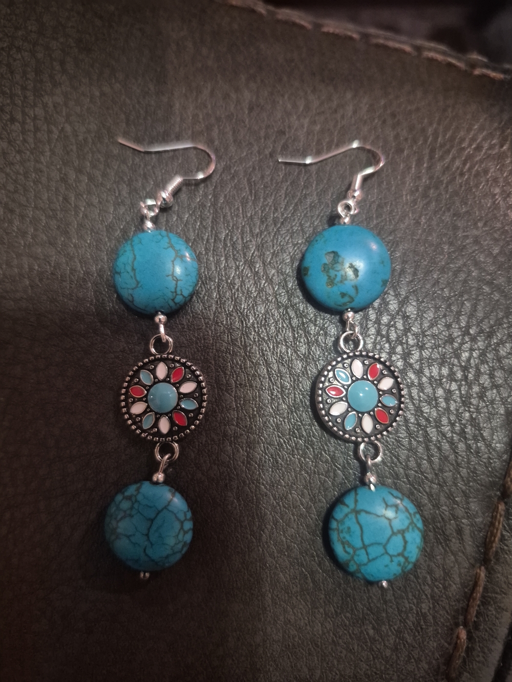Turquoise Colored Howlite Drop Dangle Earrings with Floral Medallions